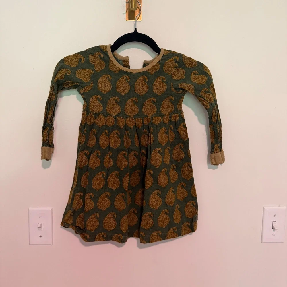 Yo Baby‎ Girls Green Mustard Block Print Paisley Long Sleeve Cotton Dress Size 4